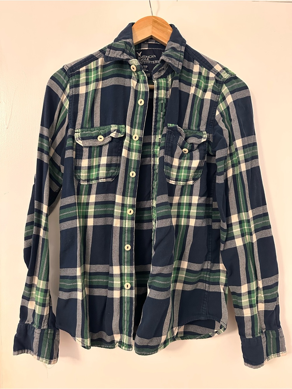 American Eagle Navy & Green Plaid Flannel